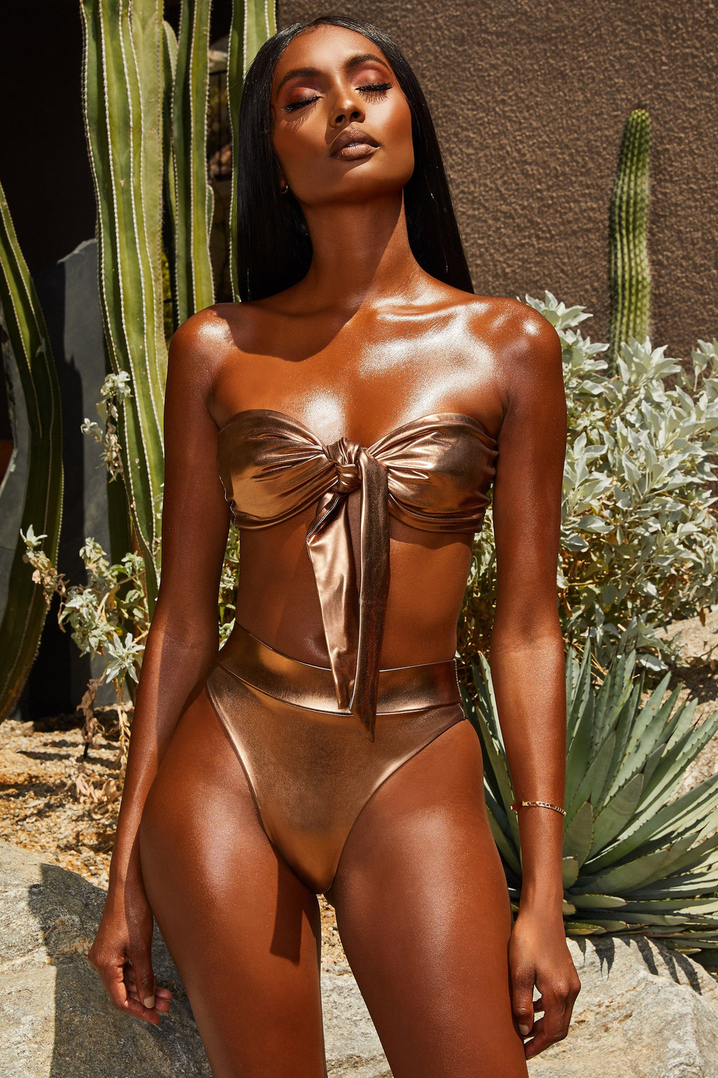 Metallic High Waisted Bikini Bottoms in Bronze