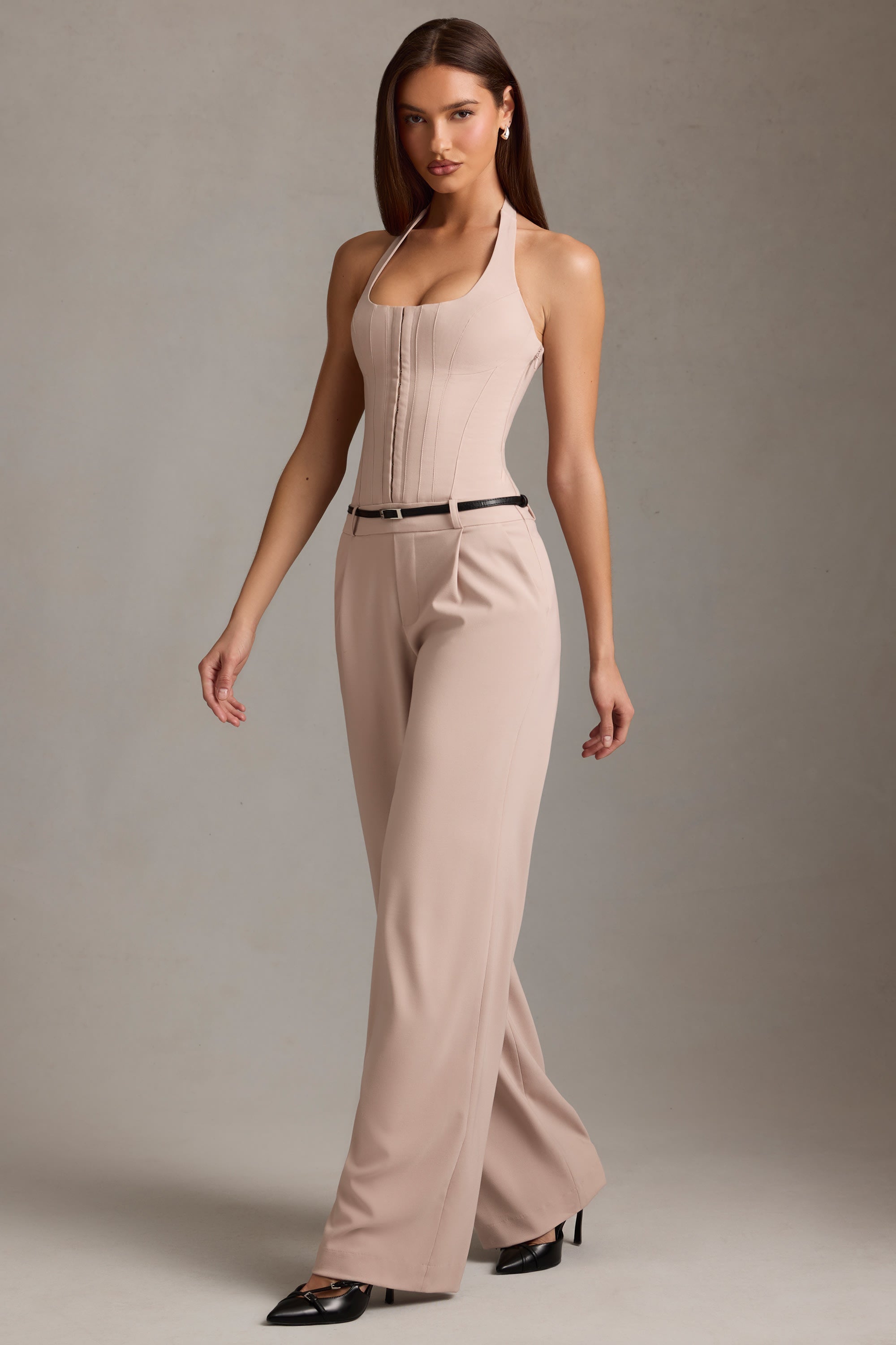 Corset-Detail Halterneck Jumpsuit in Mushroom