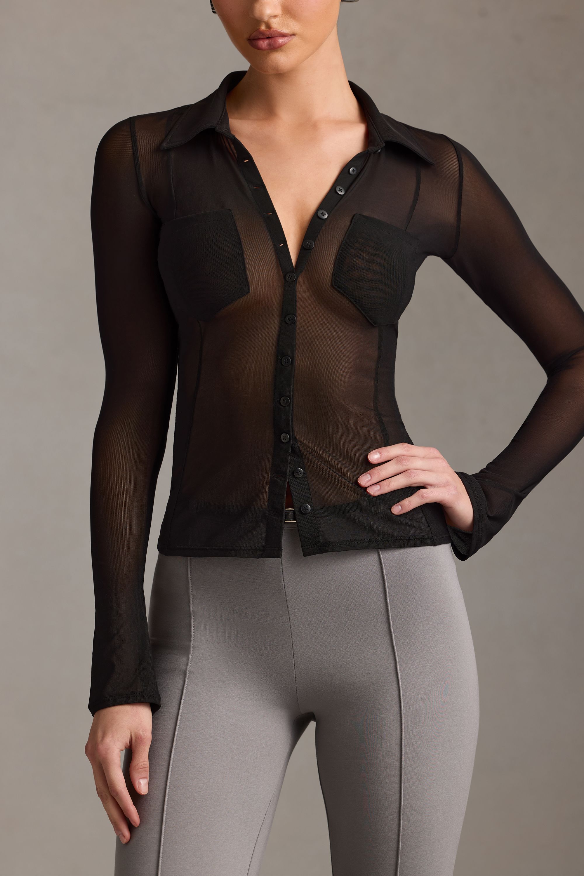 Sheer Long-Sleeve Shirt in Black