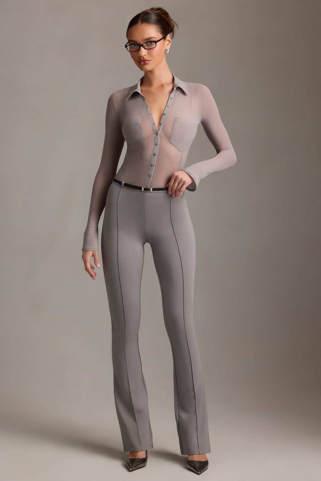 Sheer Long-Sleeve Shirt in Grey